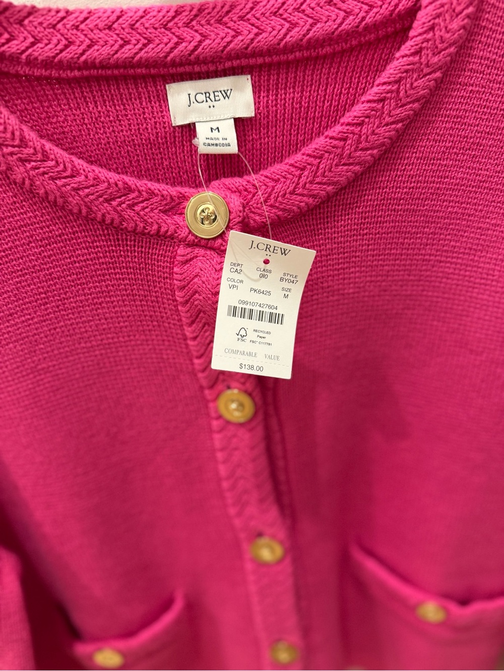J. Crew Hot Pink Braided-Trim Button Cardigan - Picture 2 of 3